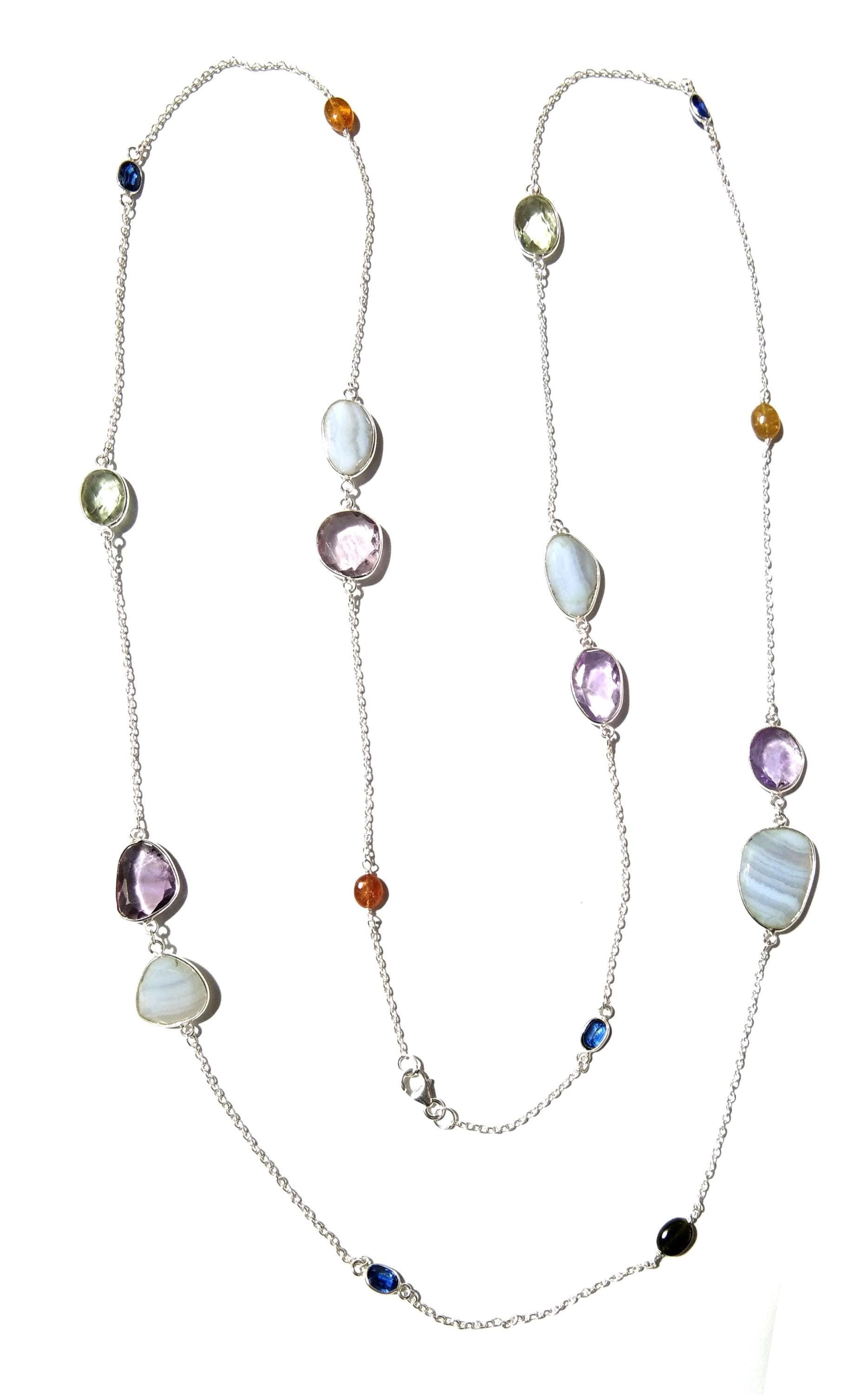 42'' Log Chain Bezel Necklace ! ALL Natural Gemstone Kyanite, Tourmaline, Amethyst & Blue Lace Necklace, 925 Solid Sterling Silver Jewelry.